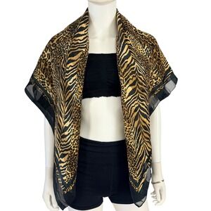 Vintage Animal Print Square Scarf Leopard Zebra Mixed Pattern Sheer Brown Black